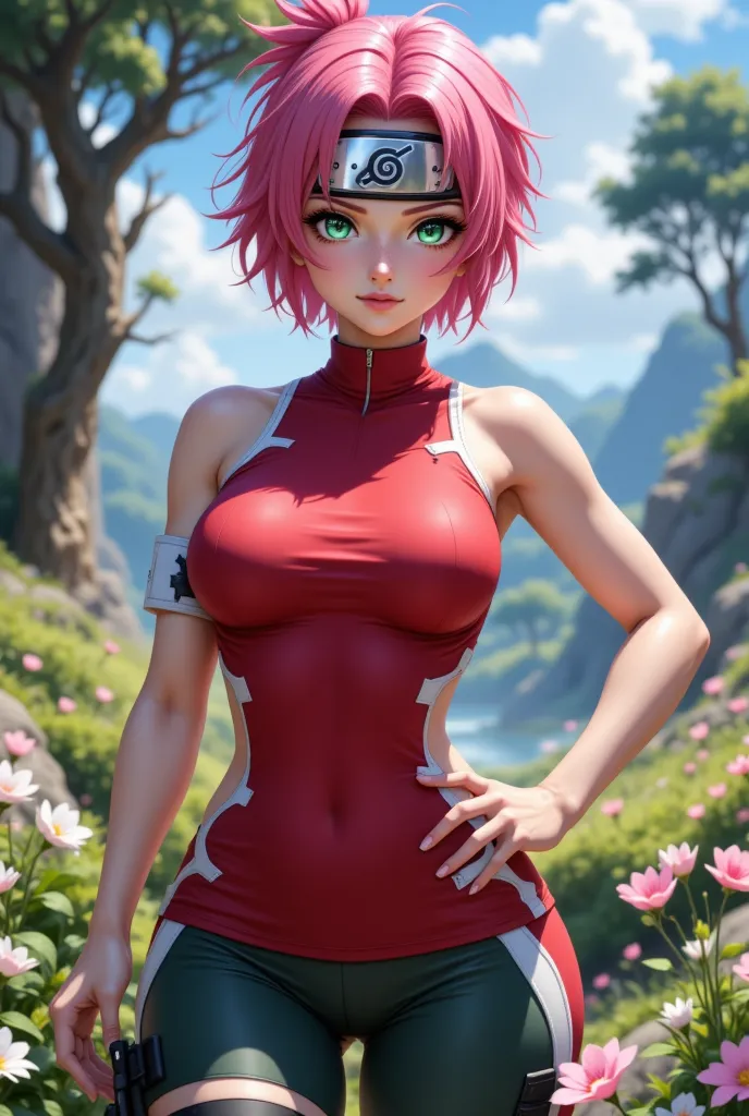  Impressive anime quality in 4K ,  digital drawing mode ,  young ninja with short, bright pink hair that is combed upwards ,  giving her a dynamic and energetic look .  Her eyes are large and of a vibrant green color ,  reflecting her determination and kin...