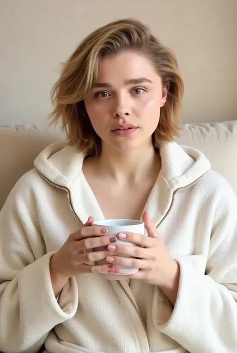 Chloe short hair wears a white hooded bathrobe and drinks coffee