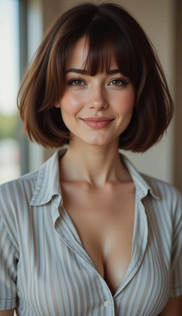 masterpiece, best quality, vibrant, very aesthetic, high contrast, semrealistic, newest, mature female, housewife, brown hair, hair over one eyes, bob cut, short hair, big ass, casual shirt milf, embarrassed smile, soft light, high detailed, best quality. ...