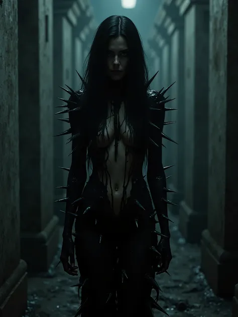 Beautiful long black haired woman covered in huge spikes,spilled with black goo all over her in a dark crematorium,dark art,dark realistic photography,melancholic atmosphere 