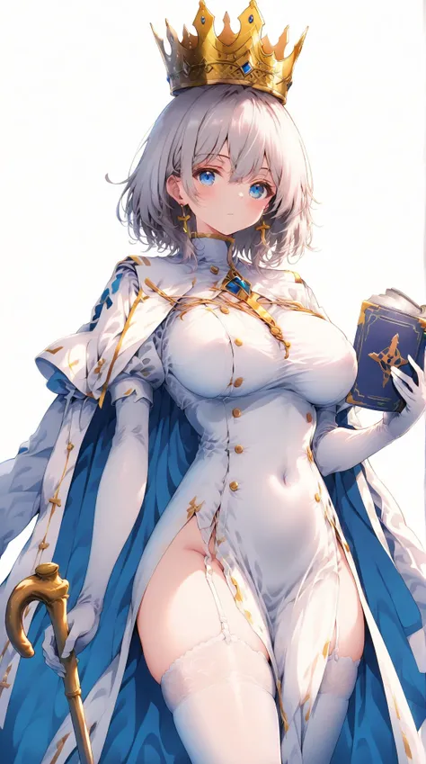  1 girl,  Masterpiece,  anatomically correct, Blue clothes, white stockings, Clergy, (A sacred cane with a long handle), (Bible),  expressionless ,  long dress with big slits,   big breasts, Thighs, (( white background)),  silver hair,  medium hair, blue e...