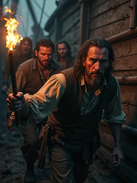 **" A crew of 17th century sailors , with worn clothes , boarding an abandoned ship .  Their faces show fear and curiosity as they hold torches that cast long shadows.  hyperrealistic details ,  dim lighting , 4k."**