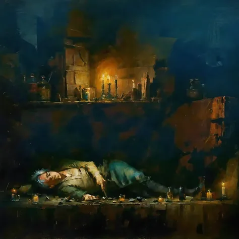 a wizard like gandalf trying to revive the knight with magic, the knight lying on the ground, fainted, epic, dark fantasy, in a ruined city, night time, oil painting of orientalism style