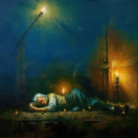 a wizard like gandalf trying to revive the knight with magic, the knight lying on the ground, fainted, epic, dark fantasy, in a ruined city, night time, oil painting of orientalism style