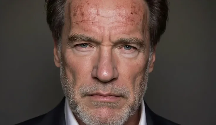 close-up of an elderly arnold schwarzenegger', combed back, gray hair