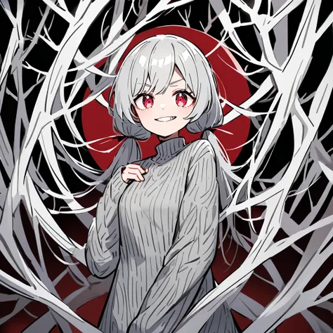 Silver-haired anime-style girl with two pigtails, crimson eyes, sharp maniacal smile with a gray long-sleeved sweater and a short with several branches around the girl's full-body sweater