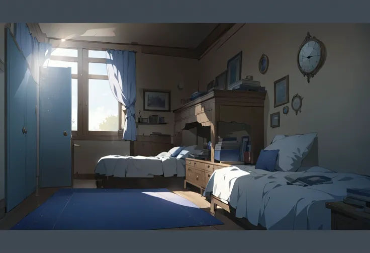 ((anime style)), focus on the illustration of a delicate detailed bedroom only with chiaroscuro light and shadows