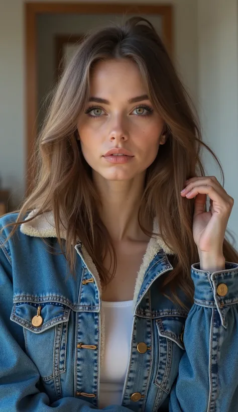 A very pretty attractive Russian young woman.  She has a nice figure and very very large bust. It is located in Russia. . She has light makeup on her face. It is a 4k photo .  The woman is beautiful. She is wearing a denim jacket