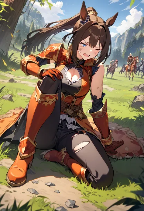 score_9, score_8_up, score_7_up, BREAK, best quality, masterpiece, very aesthetic, ultra detailed,very detailed background,BREAK,,zPDXL3,ECP_Monk, 1girl, solo, long hair, bangs, blue eyes,brown hair, gloves, cleavage, ponytail, boots, sleeveless, armor, of...