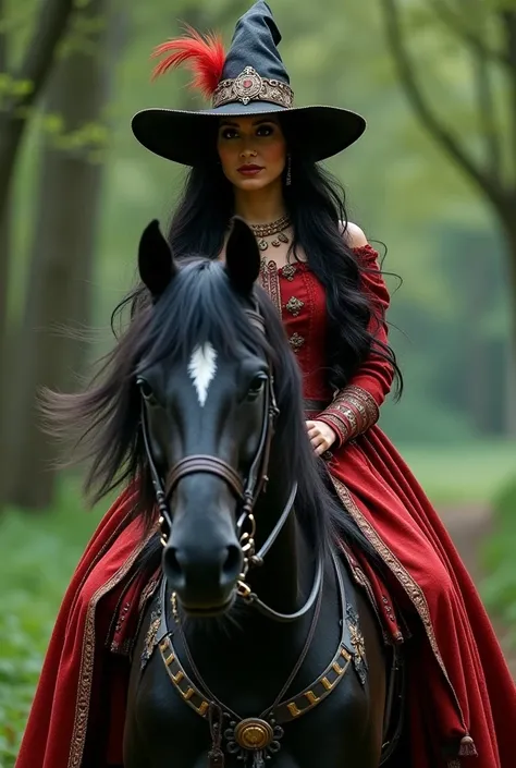 Give me the image of a woman riding a beautiful black horse with her armor she her life on the horse full length wavy black hair dressed like Indian red skin with a beautiful hat full of witch feathers her clothing is beautiful with Celtic symbols riding o...