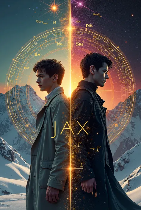 ### ** describe the cover of the novel  "Jax : Golden Spacetime Scars"**  
**Main Scene:**  
- **The Two Central Figures:**  
  - **Jax ** (to the left): A young man in his thirties with tired features but hopeful eyes. يلبس معطفًا علميًّا ممزقًا، وعلى كفه...