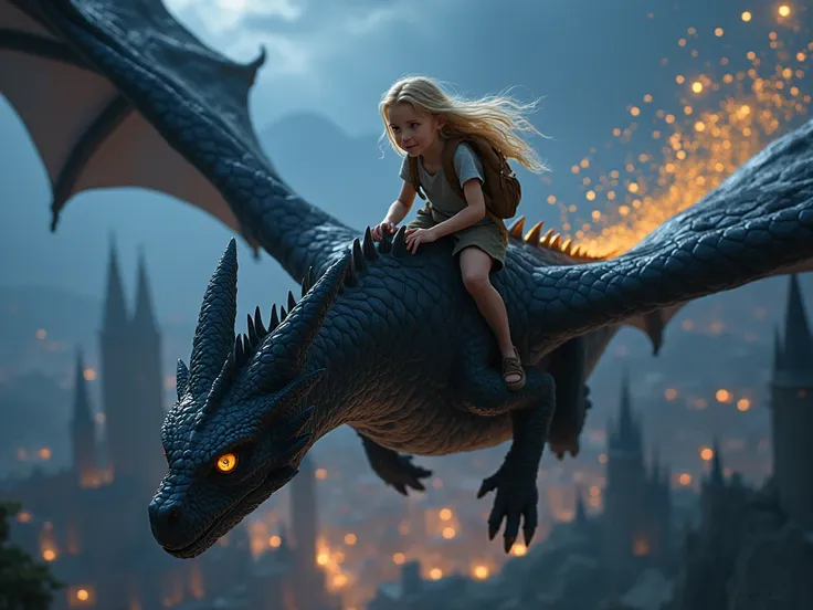 A blonde girl with a brown backpack riding a black dragon with shiny scales that spits out golden sparks, Flying over a kingdom,  night