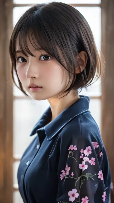 8k,  top quality,  table top:1.2), ( is present,  photorealistic :1.37),  top quality,  table top, Beautiful  young woman,  pensive expression ,、 attractive、And  attractive facial expression,   cuteメイド服,  with hair tied at the back , movie background , Lig...