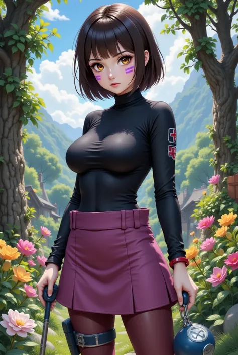  Impressive anime quality in 4K ,  digital drawing mode ,  young ninja with short dark brown hair that falls gently to shoulder height ,  with a fringe framing her face .  His eyes are large and bright brown ,  reflecting his gentleness and determination ....