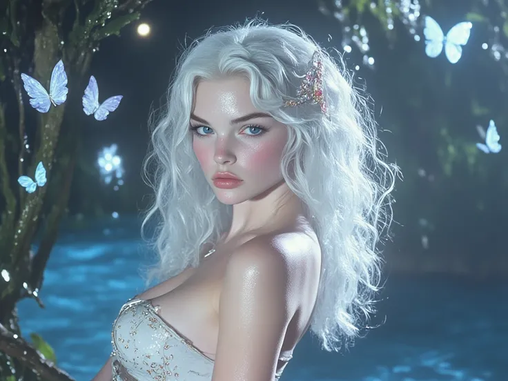  A beautiful 20-year-old woman with curly white hair ,  and light blue eyes ,  looking at the spectator.  Innocent or soft face . In an enchanted place, with crystal clear water, light blue and shiny ,  shiny skin.  White butterflies around her and a tree ...