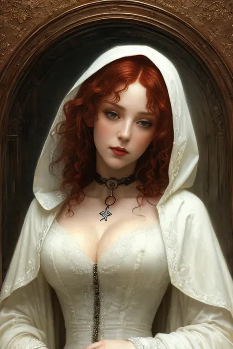 Beautiful slender redhead (angel:1.0), corkscrew curls, wearing a white [(lace):(lace:.8):.2] hooded cloak, (goth choker), collar, [::.2] fantasy art, concept art, delicate features, feminine, Chiaroscuro , (style of karol Bak:1.0), ( masterpiece by jean-j...