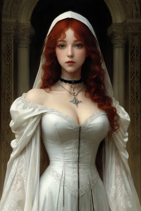 Beautiful slender redhead (angel:1.0), corkscrew curls, wearing a white [(lace):(lace:.8):.2] hooded cloak, (goth choker), collar, [::.2] fantasy art, concept art, delicate features, feminine, Chiaroscuro , (style of karol Bak:1.0), ( masterpiece by jean-j...