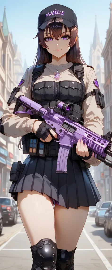 ultra-detailed, 1girl, solo, yuki suou, ((masterpiece)), (best quality), (highres), 16K, long hair, bangs, brown hair, black hair, hair between eyes, purple eyes, wearing cap, tactical vest, tactical belt, knee pads, thighhighs, pleated skirt, purple panti...