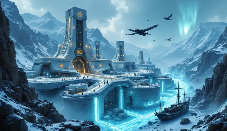 "Panoramic view of a futuristic Nordic city floating in a frozen fjord. The city is made of massive ice and steel structures, with glowing bridges connecting the buildings. Holographic runes and golden shields adorn the surfaces, and neon lights reflect of...