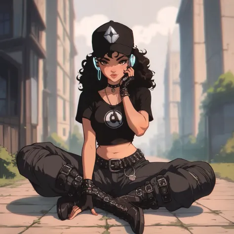 The character in the image presents a bold and urban style . She has frizzy and dark hair , probably bulky . The skin appears to be of a medium or darker tone .
In terms of clothing , she wears a mesh blouse that exposes a lot of skin , highlightin...