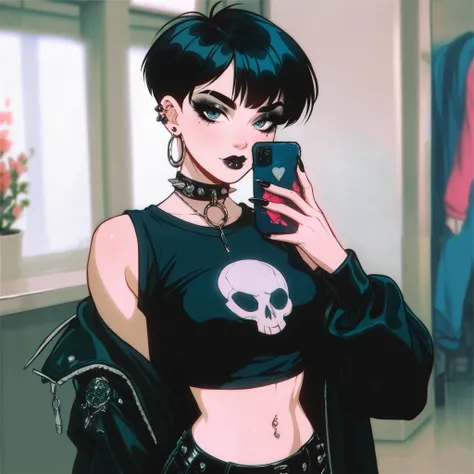 There's a woman taking a selfie in a public restroom, her navel is exposed , y2k style, y2k style, belly out , usando uma blusa cropped sexy, physical : the smallest waist ever, the smallest waist ever, photo of the clothes, Grunge aesthetic !!!, mall ...
