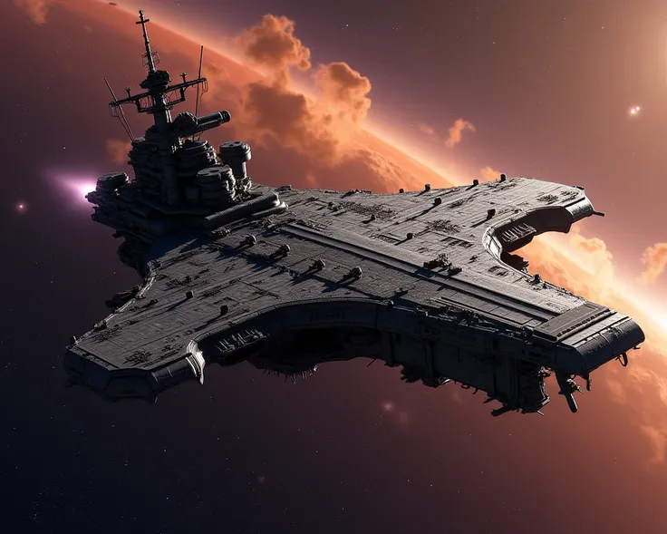 aircraft carrier inspired space battleship, dreadnought, exterior shot, nebula in background, no watermark, battered exterior, battle scarred hull, reentry burned ventral hull, flat ship, no fire, no extended pylons, no wings, no visible weapons