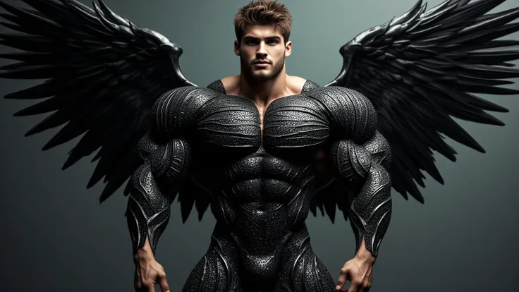  Full body photorealistic handsome hunky masculine fractal archangel .unreal engine, extremely attractive male wearing Black Onyx jewelled bodysuit, big wide massive sparkling wings extremely masculine physique, intricately detailed metal body armour, bulg...