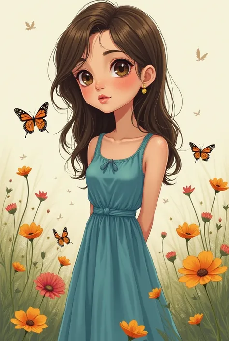 Young woman with thin waist and brunette, long blue dress, medium eyes, medium eyes, my big drawn face with a small heart-shaped mouth and slightly rounded cheeks, hair behind her, a field of flowers and butterflies..