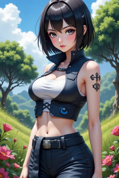 " Impressive anime quality in 4K ,  digital drawing mode ,  young Kunoichi with short, straight black hair that falls just above his shoulders ,  with a fringe framing her face .  His eyes are deep gray ,  reflecting both her seriousness and her desire to ...