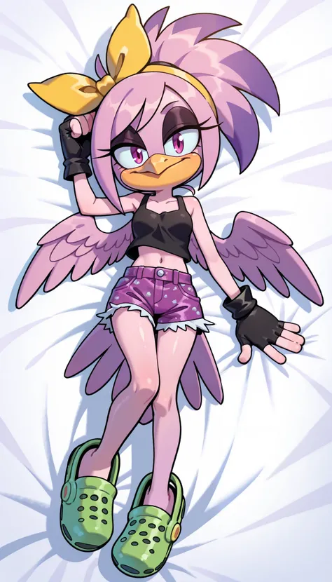 score_9, score_8_up, score_7_up, 1girl, solo, masterpiece, best quality, amazing quality, very aesthetic, absurdres, source furry, mobian bird, magenta eyes, light purple body fur, (magenta hair, punk hairstyle, long side hair, messy spiky ponytail), looki...