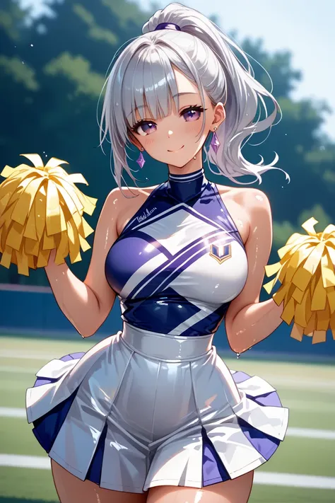 best quality,high-quality illustration, high school girl,Earrings,beautiful eyes,purple eyes,shiny eyes

(sagging breasts:0.7)(medium breasts:0.7), Silver Hair, ponytail、cheerleader costume 、(wide hip:1.3,wide waist:1.3),(shiny skin:1.1), (wet skin:0.7),bl...