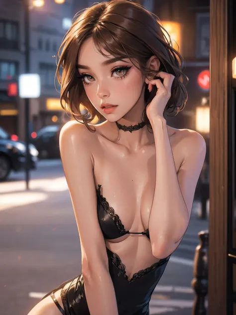 age girl-model 1, (only 1 girl),  beautiful, light brown hair, (shoulder length hair), , short glossy hair, pretty eyes, beautiful figure, beautiful long legs, , top quality, highest quality, pin-up style, (((prostitute,))), , dark makeup,  small breasts, ...