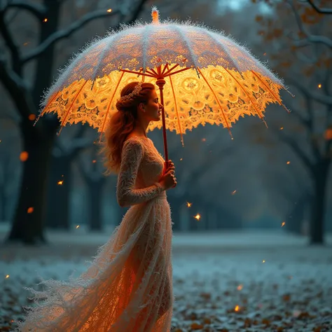 A huge parasol in finely chiseled and openwork frozen fire lace offers shade to a sublime happy and radiant woman walking in a park,  a few small sparks come out of the edges of the umbrella, masterpiece, extremely detailed, sublime and sensual fractal det...