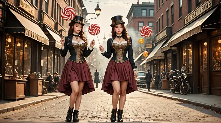 A stunning, high-quality 8K cinematic image of two beautiful women with alluring figures, standing together on a bustling, steampunk-inspired street, each licking a brightly colored lollipop. They are dressed in 1950s-inspired steampunk outfits that combin...