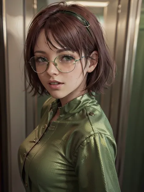  close-up ,  upper body . Short,  red hair ,  green eyes, ( metallic glasses:1.2), green blazer, green skirt , smiling  girl in the elevator. ( masterpiece,  top quality ,  Best quality,  official art ,  beautiful and aesthetic:1.2),  extremely detailed ,(...