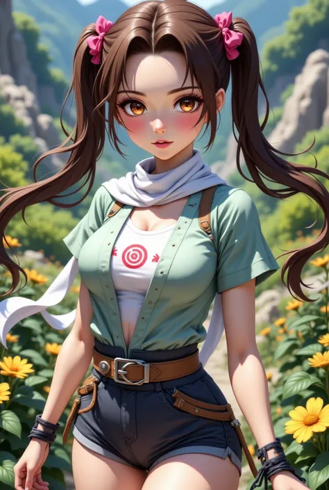  Impressive anime quality in 4K ,  digital drawing mode ,  young Kunoichi with long brown hair that falls in soft waves up to the middle of her back ,  with two tall pigtails tied with pink ribbons .  Her cheeks adorned with swirl marks that symbolize thei...