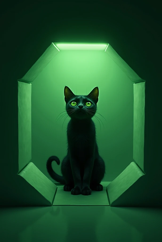 Green eyed black cat scared, locked in six green walls on a hexagonal floor, no exit