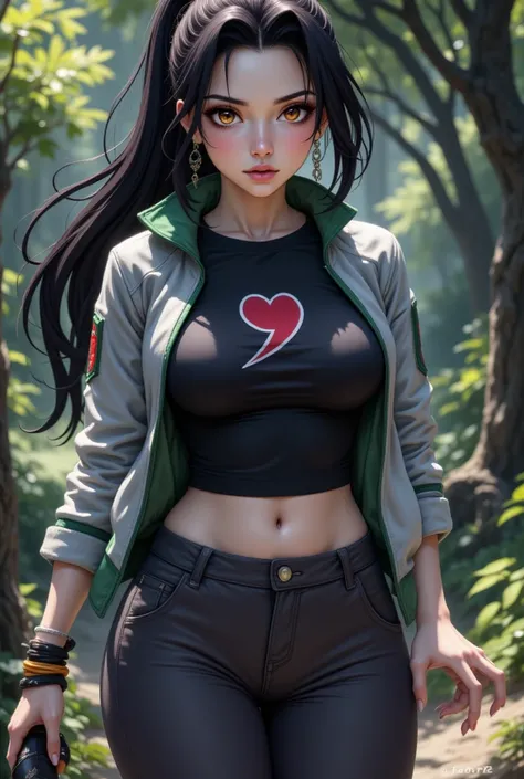  Impressive anime quality in 4K ,  digital drawing mode ,  young Kunoichi with long black hair that falls into a high ponytail ,  with loose locks that frame her face .  Her eyes are deep brown ,  reflecting both his intelligence and an expression of chara...