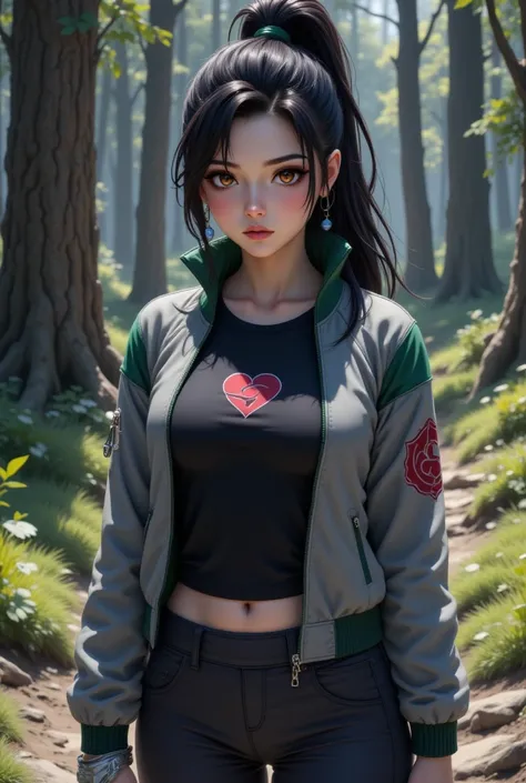  Impressive anime quality in 4K ,  digital drawing mode ,  young Kunoichi with long black hair that falls into a high ponytail ,  with loose locks that frame her face .  Her eyes are deep brown ,  reflecting both his intelligence and an expression of chara...