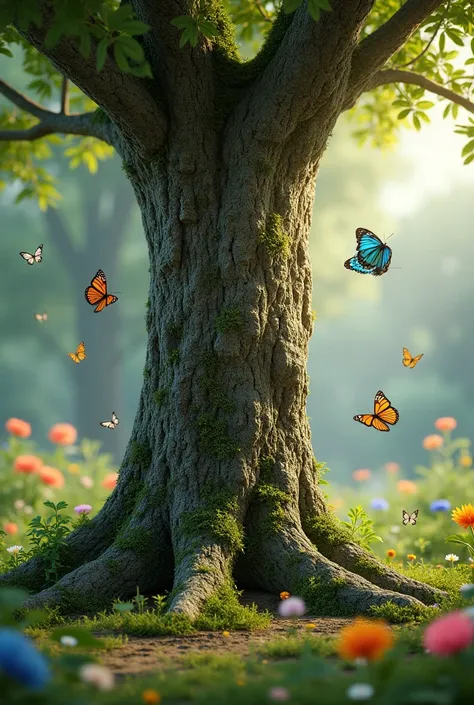 A highly realistic tree trunk with detailed textures, surrounded by colorful butterflies flying around. The tree has minimal moss, set in an enchanted garden with natural, lifelike details. The scene should look as close to reality as possible, with vivid ...