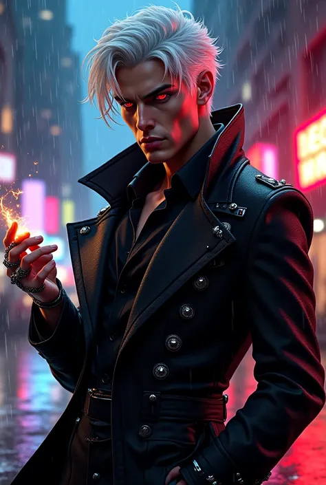 A dangerously alluring villain with platinum-white hair, slightly tousled yet effortlessly stylish. His crimson-red eyes gleam under the dim glow of the city lights, filled with a mixture of cunning and arrogance. His features are sharp and chiseled—high c...