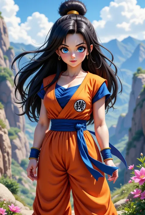 " Impressive anime quality in 4K ,  digital drawing mode ,  young Saiyan warrior with long black hair that rises in peaks upwards , Goku's iconic shape . Her hair has a subtle shine and is rebellious ,  reflecting her energy and indomitable spirit .  Her e...