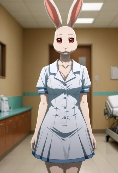 Rabbit wearing nurse uniform, no head hair, hospital bg