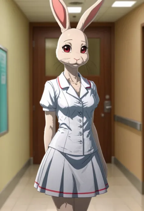 Rabbit wearing nurse uniform, no head hair, hospital bg