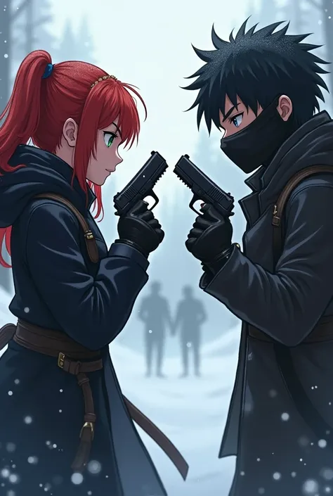 Red-haired green-eyed girl dressed in black holds a gun at a distance at the young man with messy black hair in a snow mask with tall blue eyes The two hold guns to each other