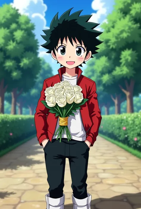  screenshot of the anime Boku no Hero Academia, Sero Hanta , cute boy,  straight black hair ,  black eyes, beautiful smile,  wears a white shirt with a red leather jacket,  black pants ,  white boots ,  wears a bouquet of white roses , in the background a ...