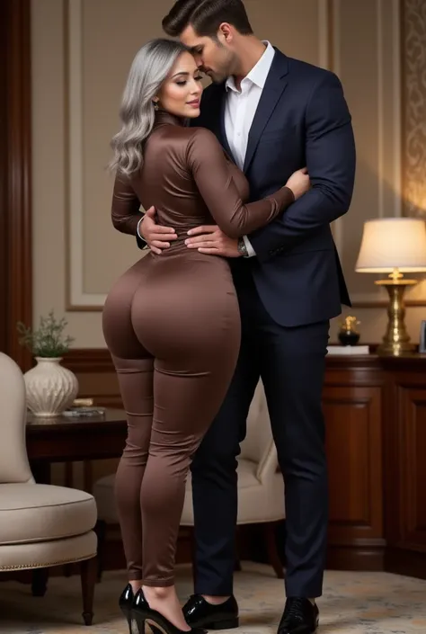  Sexy 58-year-old woman , Plus size woman,  thick hips and slim waist ,  woman with an hourglass figure ,  curvilinear,  thick legs dress,  big fat butt, woman with generous curves , ella Viste Make No Mistake Trouser - Chocolate, Sycamore Satin Shirt - Br...