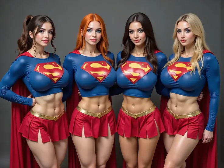 ONE WITH BRUNETTE HAIR, ONE WITH ORANGE/RED BRAIDED HAIR, ONE WITH BLACK HAIR PIG TAILS, ONE WITH BLONDE HAIR IN A PONY TAIL. ALL WITH BLUE EYES. real photograph, 4 young looking incredibly busty MATURE girls with young innocent frightened faces, sexy bodi...