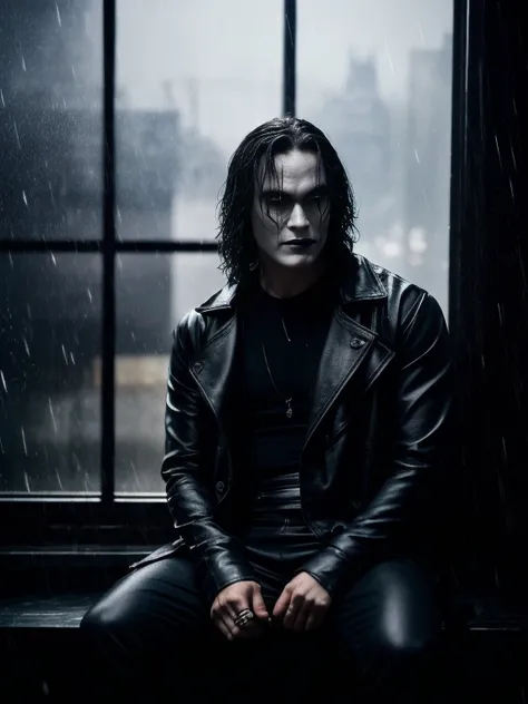  the character "The Crow".  A hyper-realistic cinematic image of The Crow , Brandon Lee, Eric Draven , hyper realistic, High detailed, sitting very near at the window, Dark city, With a Black Crow in his hand, rainy day outside, gothic window, wet clothes,...