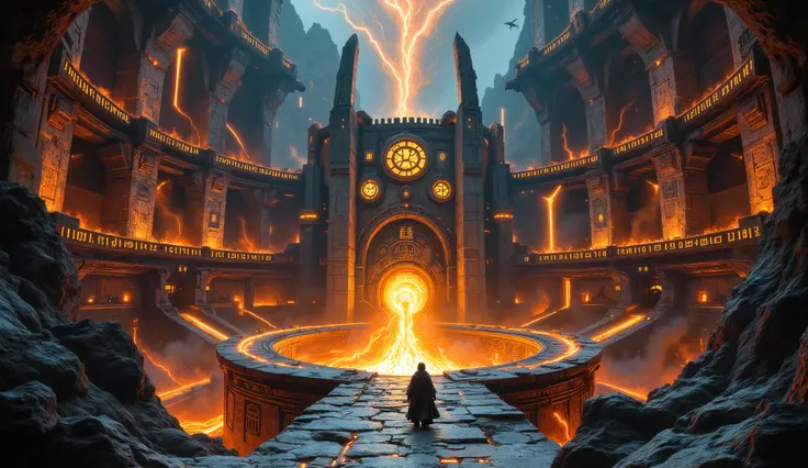 "Massive underground city built in a cavern filled with flowing lava. The city is circular, with towering stone and steel structures connected by bridges and walkways. The buildings are adorned with glowing runes and golden shields, and the streets are lit...